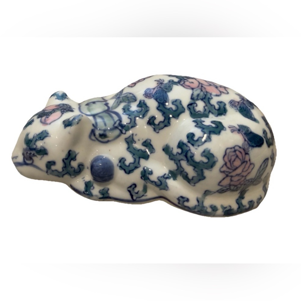 Vintage Hand Painted Porcelain Floral Cat Figurine in White Blue & Pink